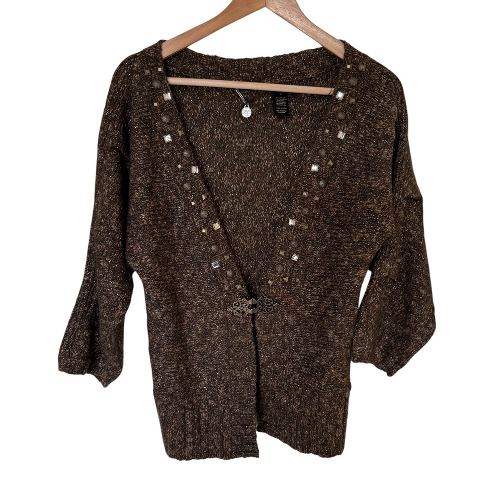 BKE Boutique Cardigan Women Small‎ Brown Excellent Embellished Metallic Clasp